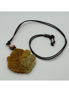 Hand-Carved Jadeite Pendant Necklace With Leather Cord Adjustable Length 30"